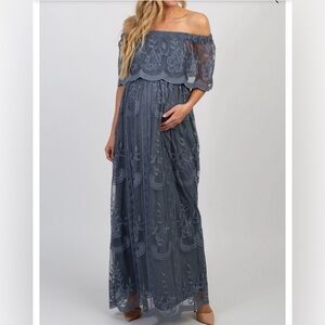 Blue Lace Mesh Overlay Off Shoulder Maternity Maxi Dress